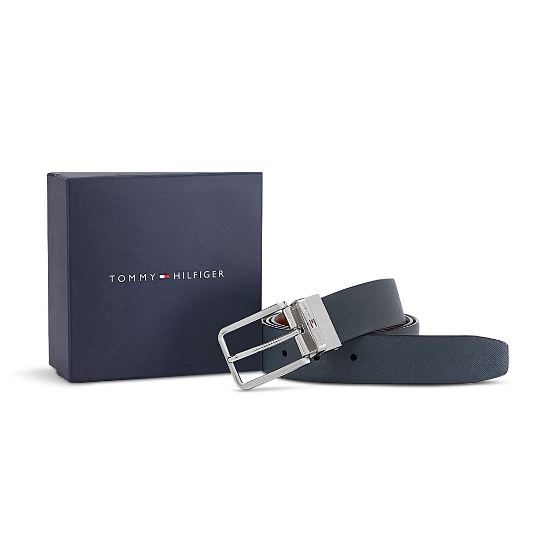 Tommy Hilfiger Talladega Leather Reversible Belt Navy and Tan
