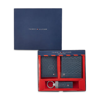 Tommy Hilfiger Combo Gift set - Leather Global Coin Wallet + Card Holder + Key Fob With Hilfiger Embossing Across Everywhere Navy Color
