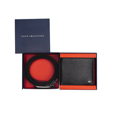Tommy Hilfiger Combo Gift set - Black Leather  Global Coin Wallet + Black and Tan Reversible leather Belt X-large Size